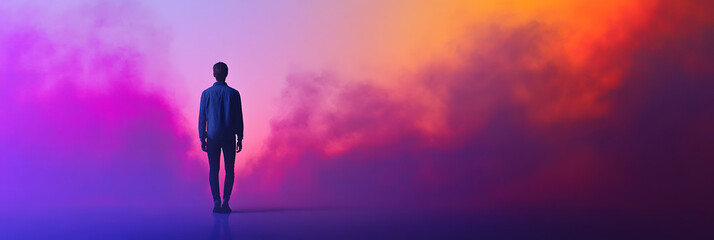 Creative representation of an individual stepping from a grayscale world into a vibrant - colorful dream world wide banner - purple background