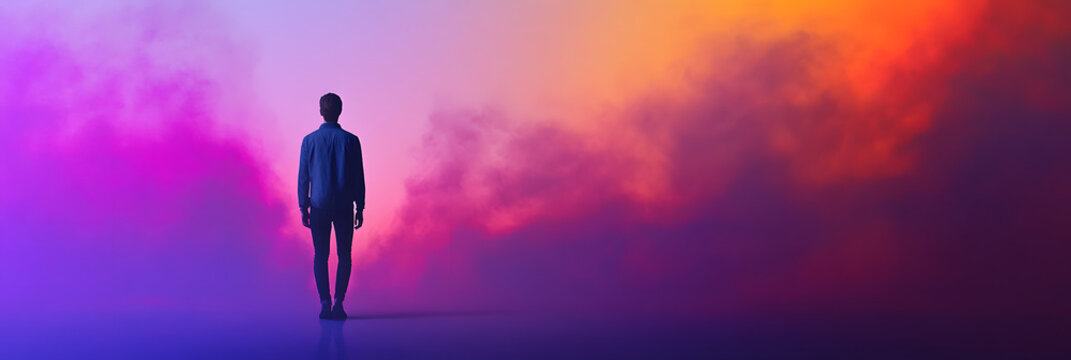 Creative representation of an individual stepping from a grayscale world into a vibrant - colorful dream world wide banner - purple background