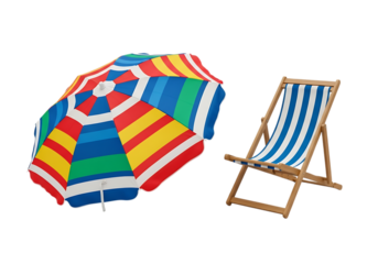 Colorful striped beach umbrella and wooden deck chair isolated on transparent background