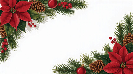 Christmas corner border with poinsettias pinecones and berries