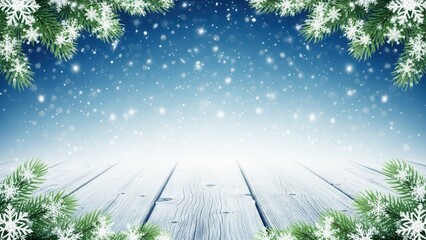 Wooden planks with fir branches and snowflakes for Christmas