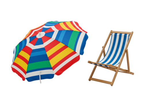 Colorful striped beach umbrella and wooden deck chair isolated on transparent background - Powered by Adobe