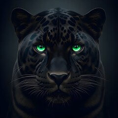 A sleek black panther with vivid green eyes is depicted on a dark background, highlighting its fierce and captivating presence.
