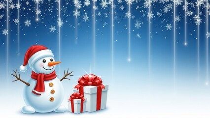 Cheerful Snowman With Gifts Under Falling Snowflakes
