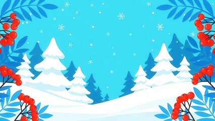 Cartoon winter landscape with snow-covered trees and berries
