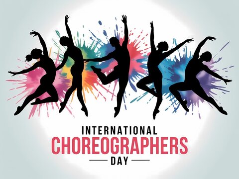 Dynamic silhouettes of dancers celebrating international choreographers day with vibrant splashes