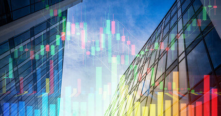 Financial Data Visualizations With Colorful Bars And Candlestick Chart Layered Over Modern Corporate Buildings