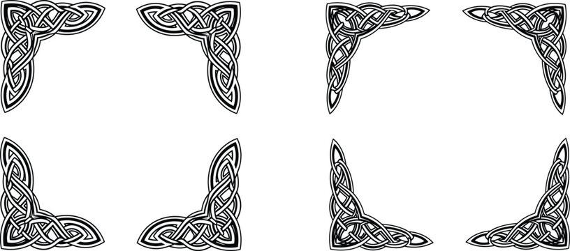 Collection of ancient celtic trinity knot and interwoven frames or corner border ornaments set with mystical and spiritual meaning for modern design.