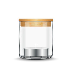 Realistic glass jar candle holder 3d vector mockup with wooden lid and small tea light inside isolated on white, perfect for scandinavian style home decor, spa, aromatherapy.