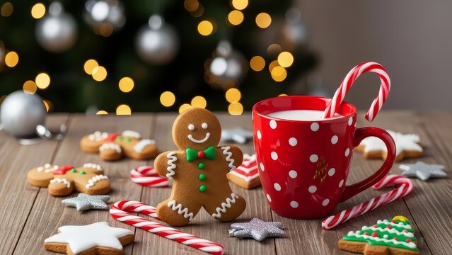 Christmas cookies and milk with candy canes on a wooden table with a christmas tree background
