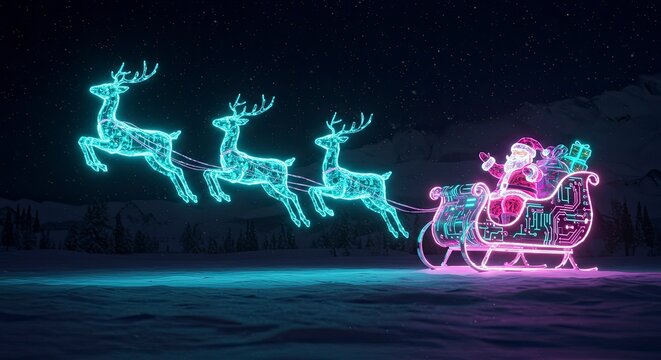 Digital santa claus in a sleigh with reindeer illuminated against dark background