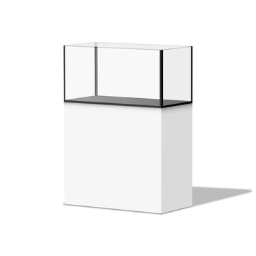Empty white pedestal with a rectangular glass display case blank mockup, realistic 3d vector object isometric view, for museum exhibition, aquarium stand, product presentation showcase template.