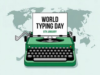 Vintage green typewriter celebrates world typing day with global map background