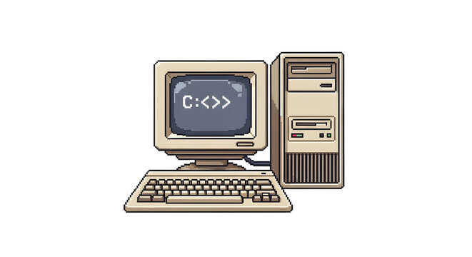 vintage computer png pixel art illustration with old monitor and classic beige tower