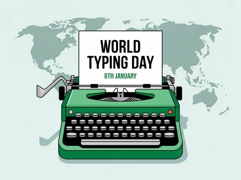 Vintage green typewriter celebrates world typing day with global map background