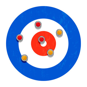 Curling sheet target-house with six red and yellow granite stones top view, for winter sports realistic 3d vector illustration, winter game competition, curling team strategy scheme.