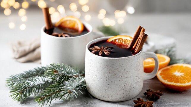 Two mugs filled with spiced mulled wine are surrounded by fresh oranges and pine branches, evoking a warm and festive mood perfect for winter celebrations