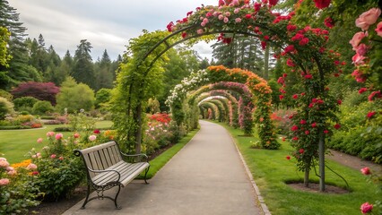 A beautiful garden path with colorful rose arches and a classic bench, creating a serene and inviting scene in a lush botanical park
