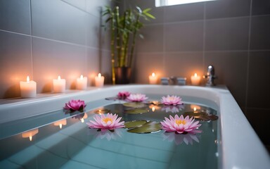 Relaxing spa bath with floating pink lotus flowers and candles