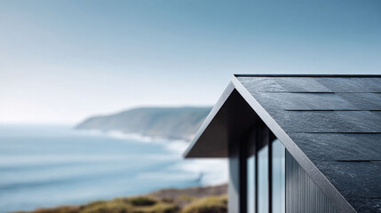Minimalist architectural detail featuring a modern, angular roofline against a tranquil ocean backdrop. Evokes feelings of serenity and contemporary design.