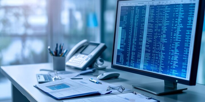 Analysis of Health Data and Medical Insurance Claims on Computer Screen with Office Background
