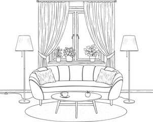 Handdrawn line art sketch of a cozy living room interior with a curved sofa floor lamps and a window.