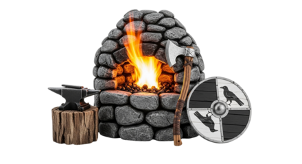 Viking Forge Axe Shield Anvil Ancient Blacksmith Tools Fire Medieval Warrior Equipment Craft Stone Oven Scene Raven