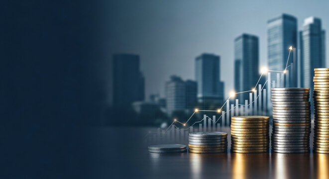 Financial Growth Coins Stack City Background Investment Success Concept Blank Copy Space for Text