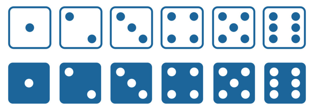 Dice square icon set. Game dice vector icon set. Dice for board games, gambling, and random number generation. Set of dice in flat and linear design from one to six. 