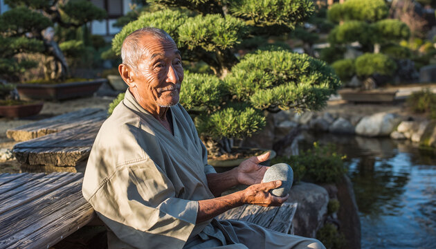Serene image of an elderly Asian man meditating with a stone in a beautiful garden. Symbolizes wisdom, tranquility, and connection with nature. Editorial use. - Powered by Adobe
