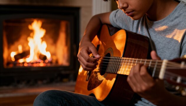 Middle Eastern Teen playing guitar near fireplace in warm firelight, calm mood, photorealistic scene - Powered by Adobe