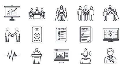 Collection of business and communication icons in outline style.