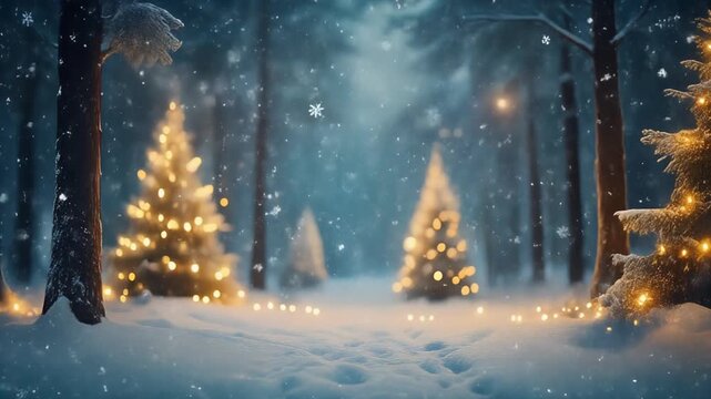 Cinematic looping video of snowy Christmas forest, slow falling snowflakes, warm lights on trees glowing softly, gentle camera motion, cold blue winter tones with warm golden contrast, premium holiday