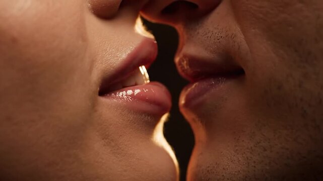 Close up of two people sharing a passionate kiss lips touching with glossy shine on lips and warm golden backlighting against a dark background intimate