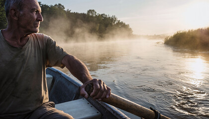 Evocative image of an older man rowing on a misty river at dawn. Represents peaceful solitude, reflection, adventure, nature, and a simpler way of life.