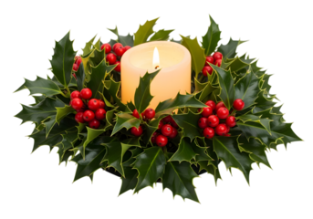 Warm candle glows within festive holly berry arrangement