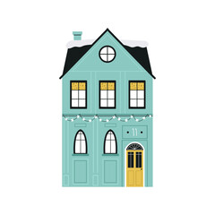Flat Vector Illustration of Modern Teal Christmas Townhouse Facade with Snow and Lights