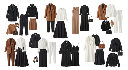 Collection of outfits in black, white, and brown tones.