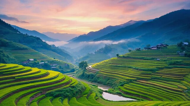 Lush Green Rice Terraces on Steep Mountainsides Under a Soft Sunrise Sky Keywords: rice terraces, agriculture, farming, landscape