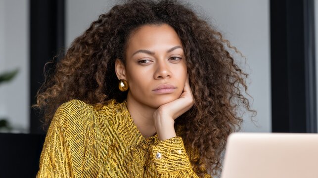In a stylish office, a woman with curly hair reflects deeply while resting her chin on her hand. Her thoughtful expression hints at creativity during a brainstorming session - Powered by Adobe