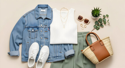 Stylish flat lay of a women's casual spring or summer outfit with denim jacket, white top, green pants, sneakers, and accessories.