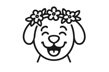 Cute black and white puppy head smiling with tongue out wearing a daisy flower crown