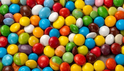 Obraz premium A close-up showcases a vibrant, colorful assortment of round candies with smooth surfaces scattered randomly
