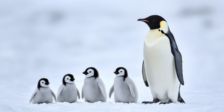 A Heartwarming Scene of an Emperor Penguin Family Nurturing Their Adorable Chicks in Antarctica