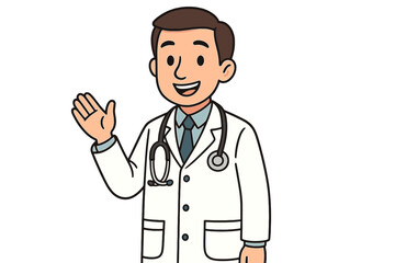 Fototapeta premium Friendly male physician wearing a white coat and stethoscope making a welcoming hand gesture