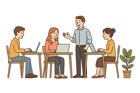 Professional business team collaboration meeting with manager instructing employees working on laptops