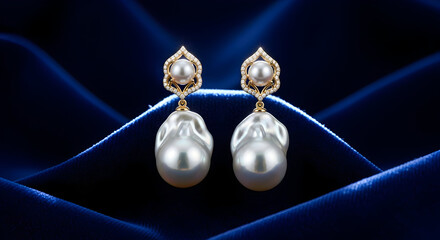 A pair of elegant baroque pearl drop earrings with gold and diamond accents on a rich blue velvet background.