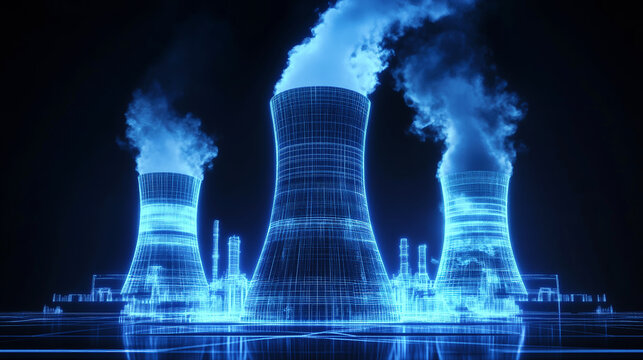 Illuminated blue wireframe structures depict a nuclear power plant, emphasizing futuristic design and innovative energy solutions in a sleek digital landscape