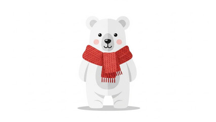 Naklejka premium Cute cartoon polar bear wearing a red scarf isolated on white background