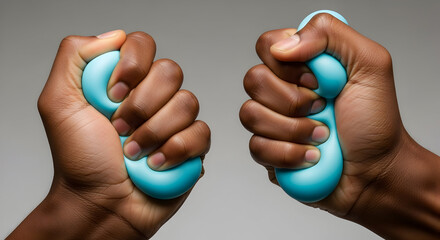 Two dark-skinned hands squeezing light blue stress balls against a plain grey background.